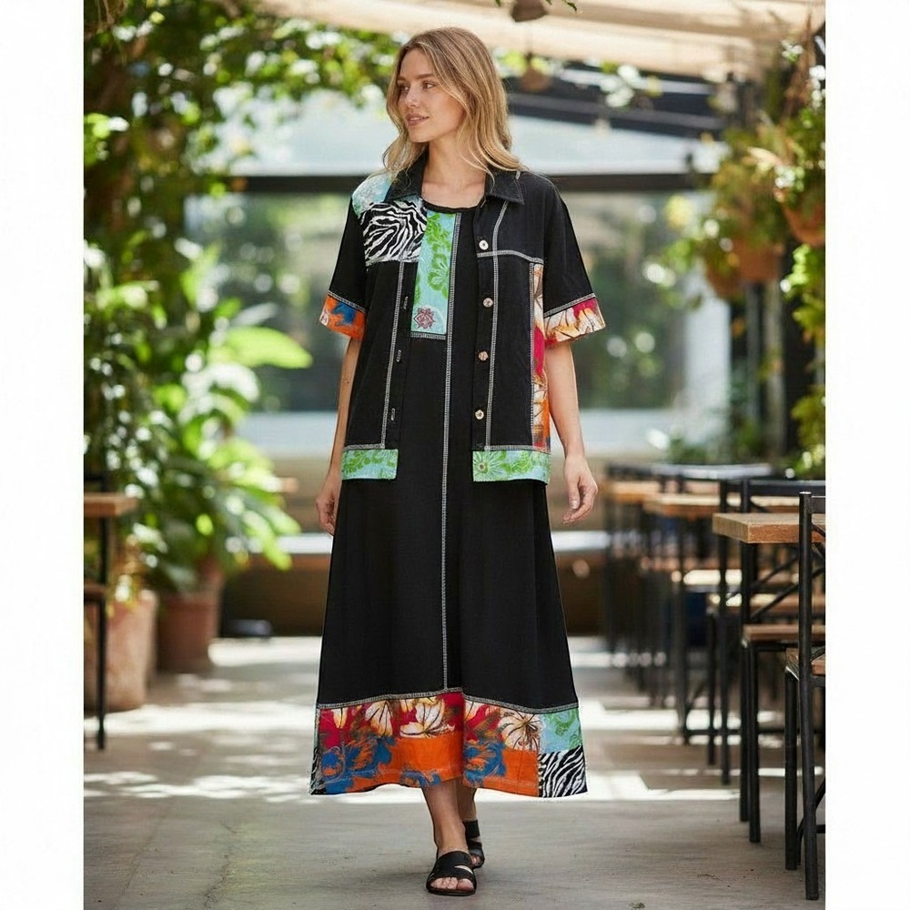 Copa Cabana Vintage 2 Piece Dress Set Mixed Print Tropical Zebra Black Maxi USA